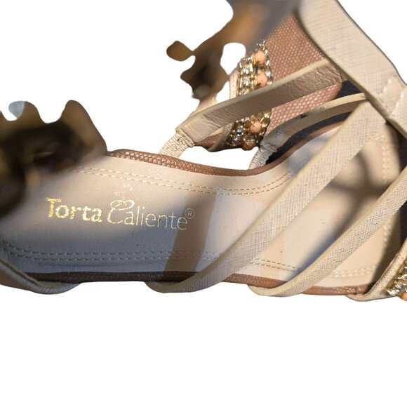 Torta Caliente Womens Strappy Beige Wedge Sandals Size 6.5M With Gold Embellishm - Picture 5 of 8